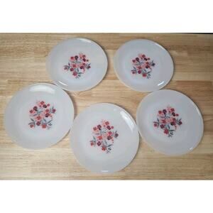 5 Vintage MCM Fire King Milk Glass Primrose Pink & Red Flower Salad Plate 1960s